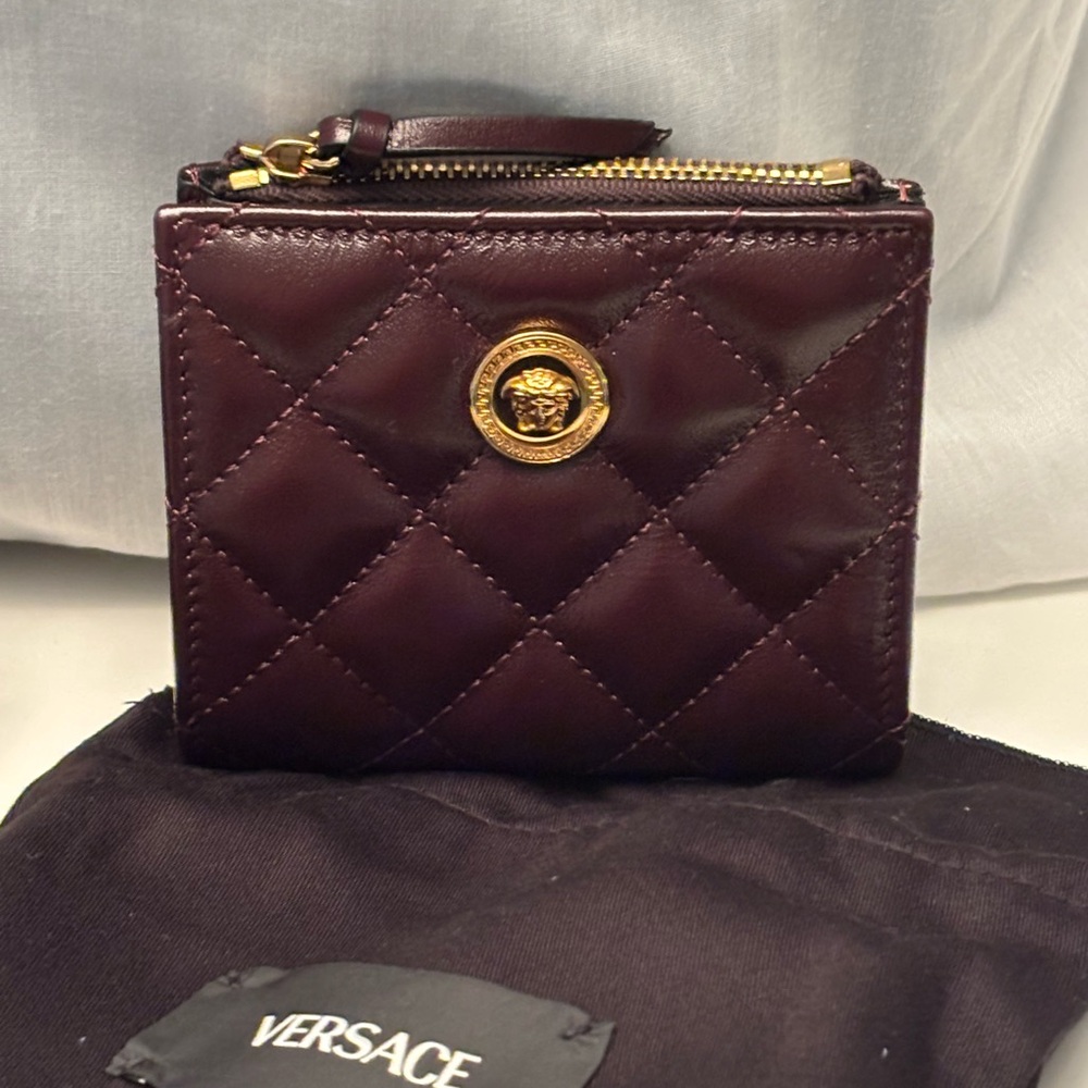 Versace Burgundy Quilted Wallet with Gold Medusa
